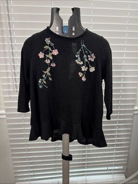 Black Floral Embroidered Knit Top - Women's